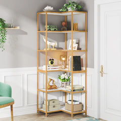 Powded 6-Shelf Corner Bookcase Organizer Rack