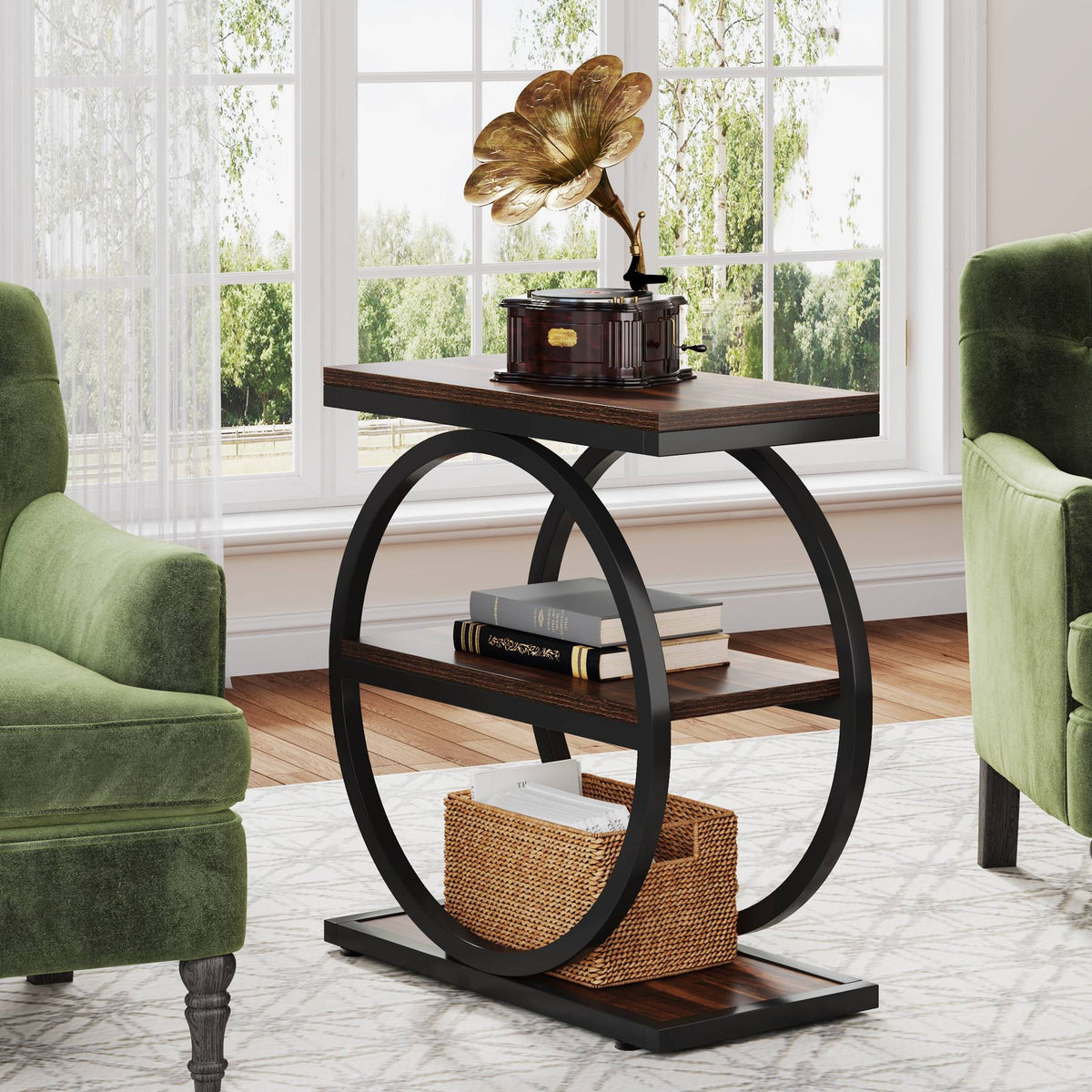 Circi Living Lounge Industrial Sofa Side Table with Round Metal Frame