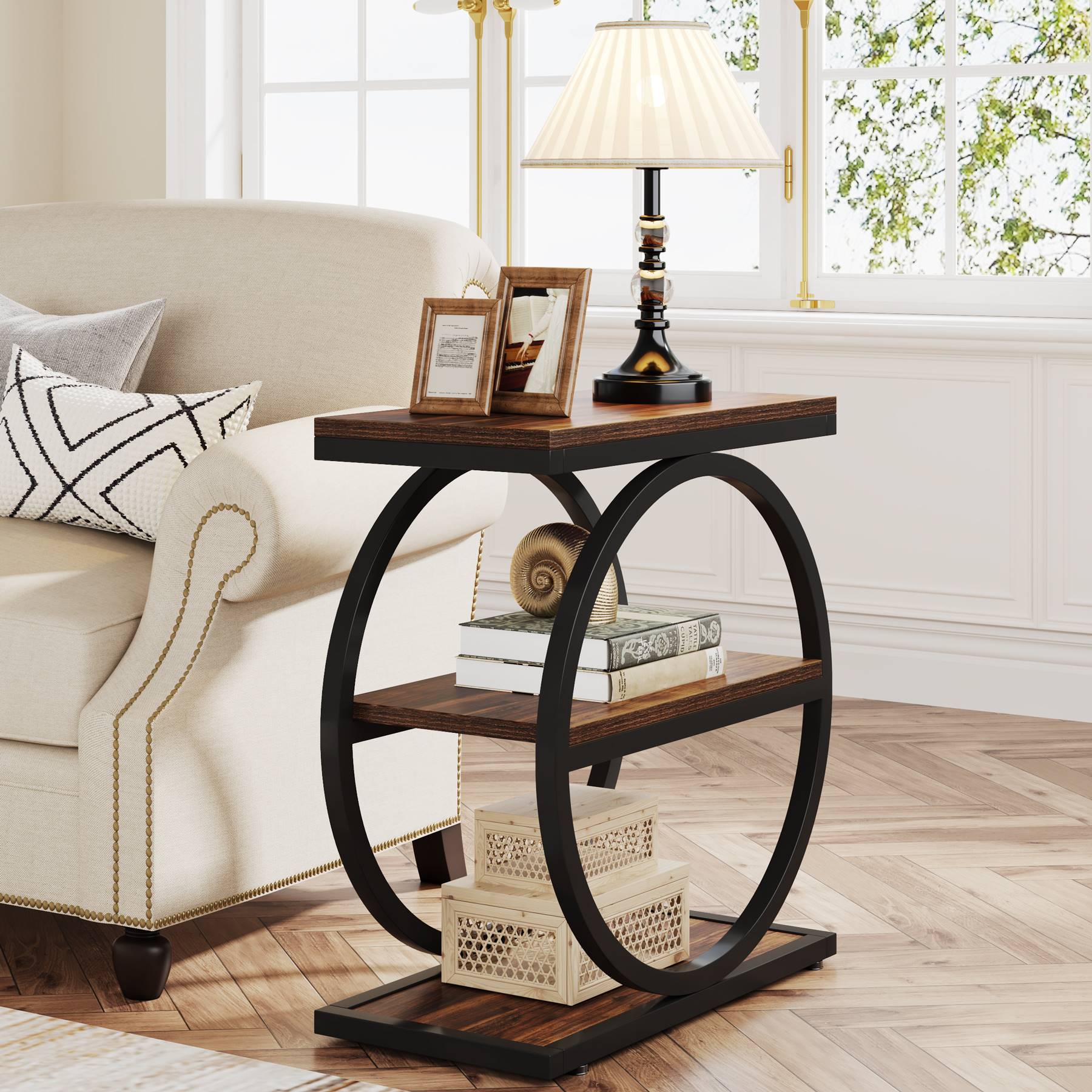 Circi Living Lounge Industrial Sofa Side Table with Round Metal Frame