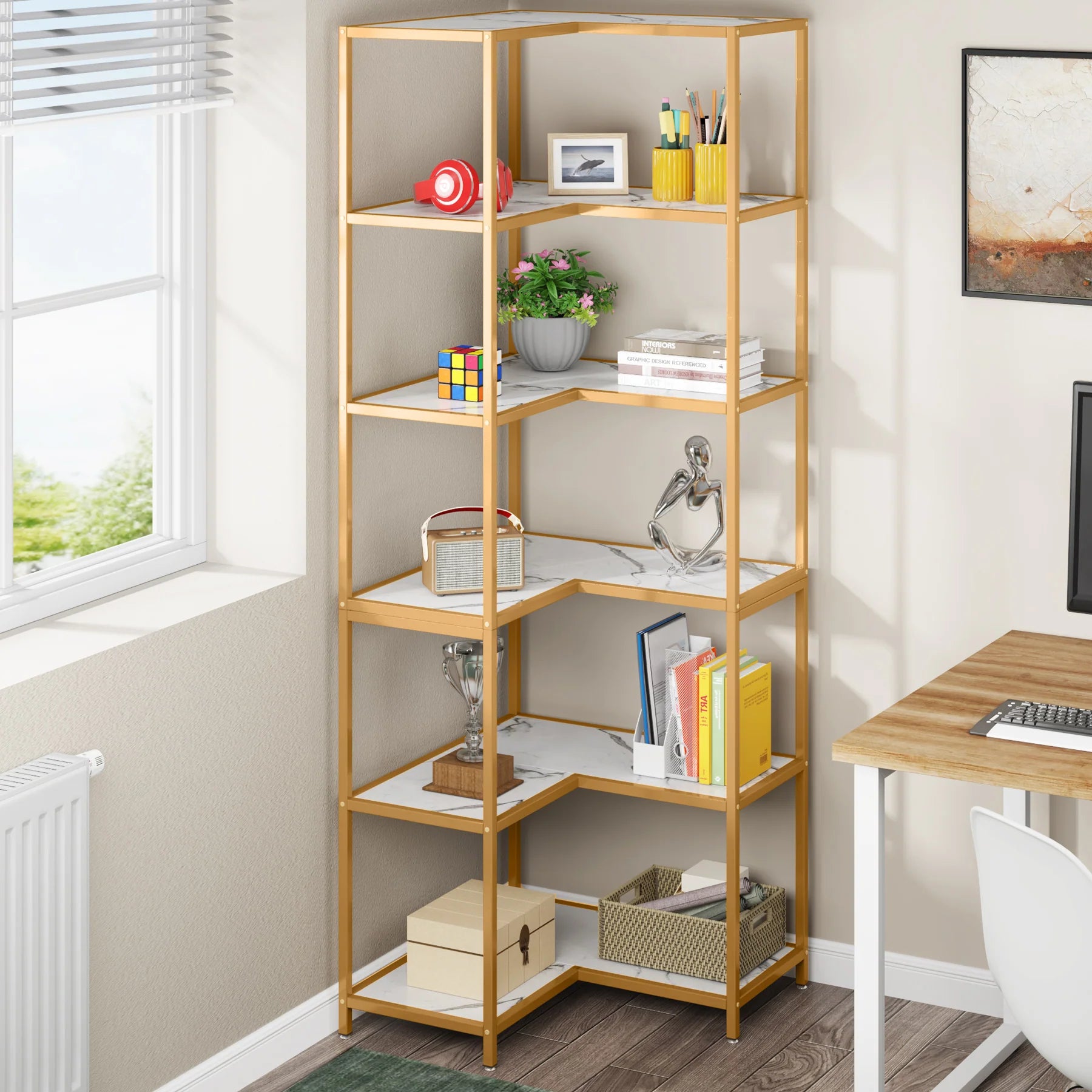 Powded 6-Shelf Corner Bookcase Organizer Rack