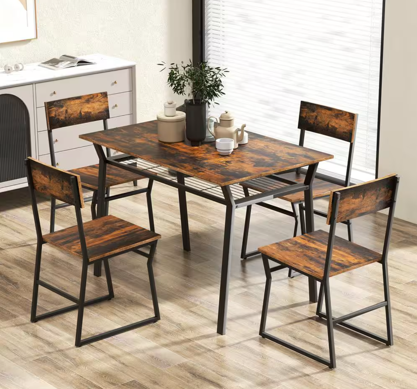 Pikkizi Industrial Rectangular Kitchen Dining Room Chairs Table (Set of 5)