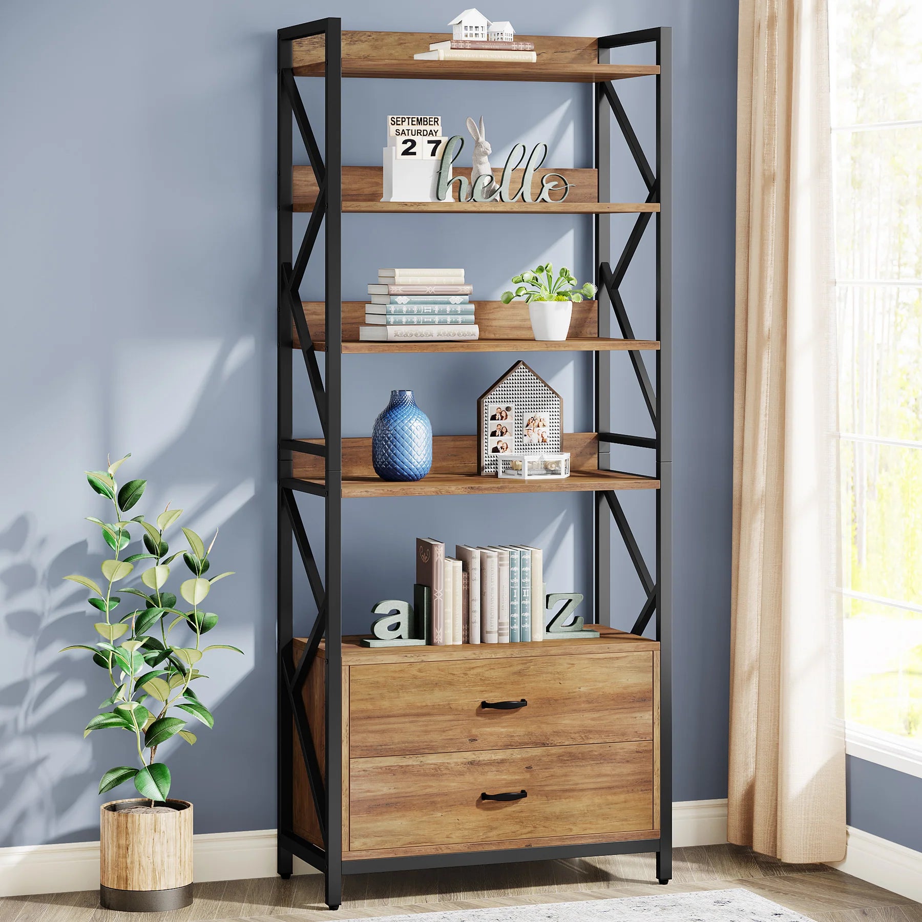 Tomers Living Lounge Bookcase Organizer Rack with 2 Drawers