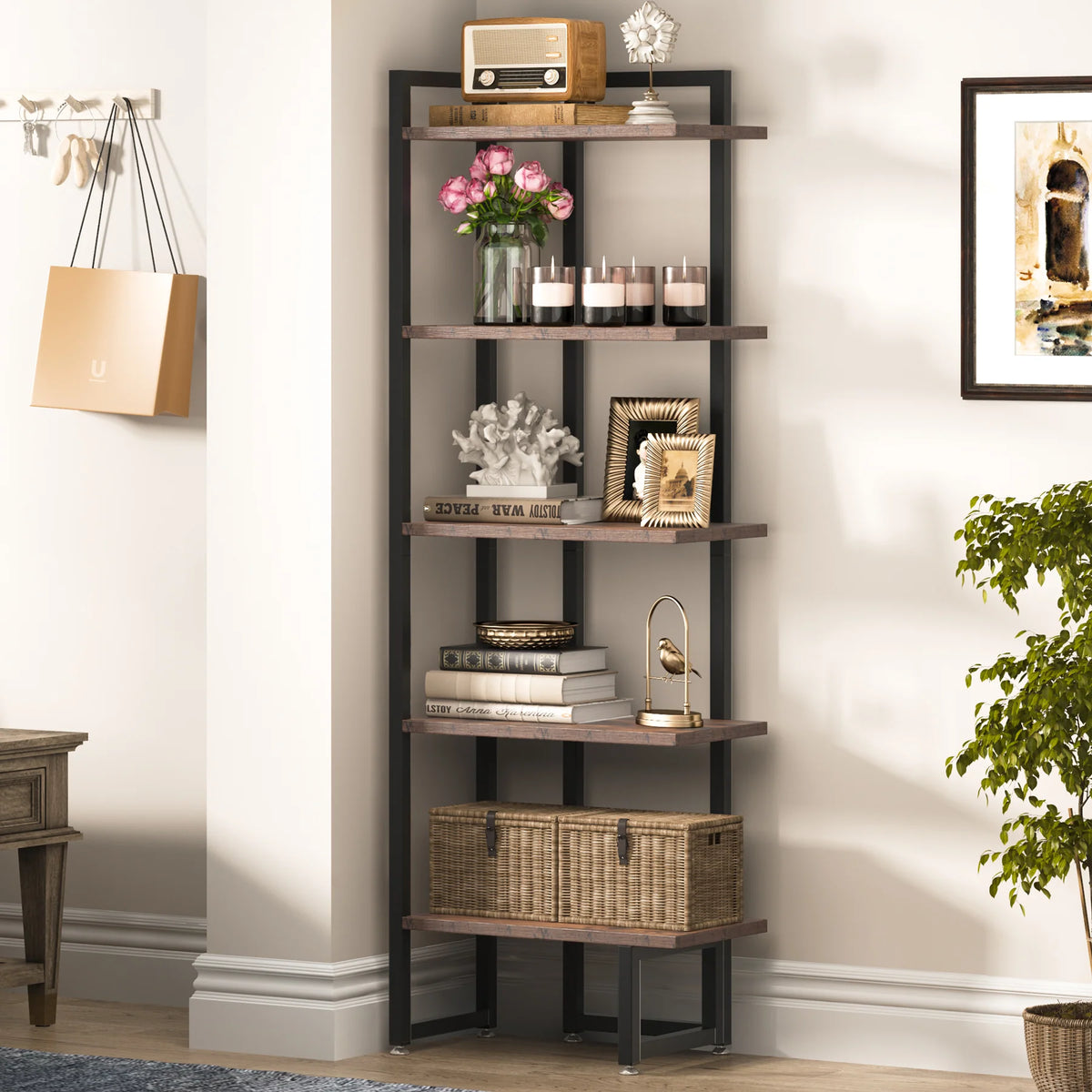 Cora Living Lounge Industrial Corner Shelf Bookcase Organizer Rack