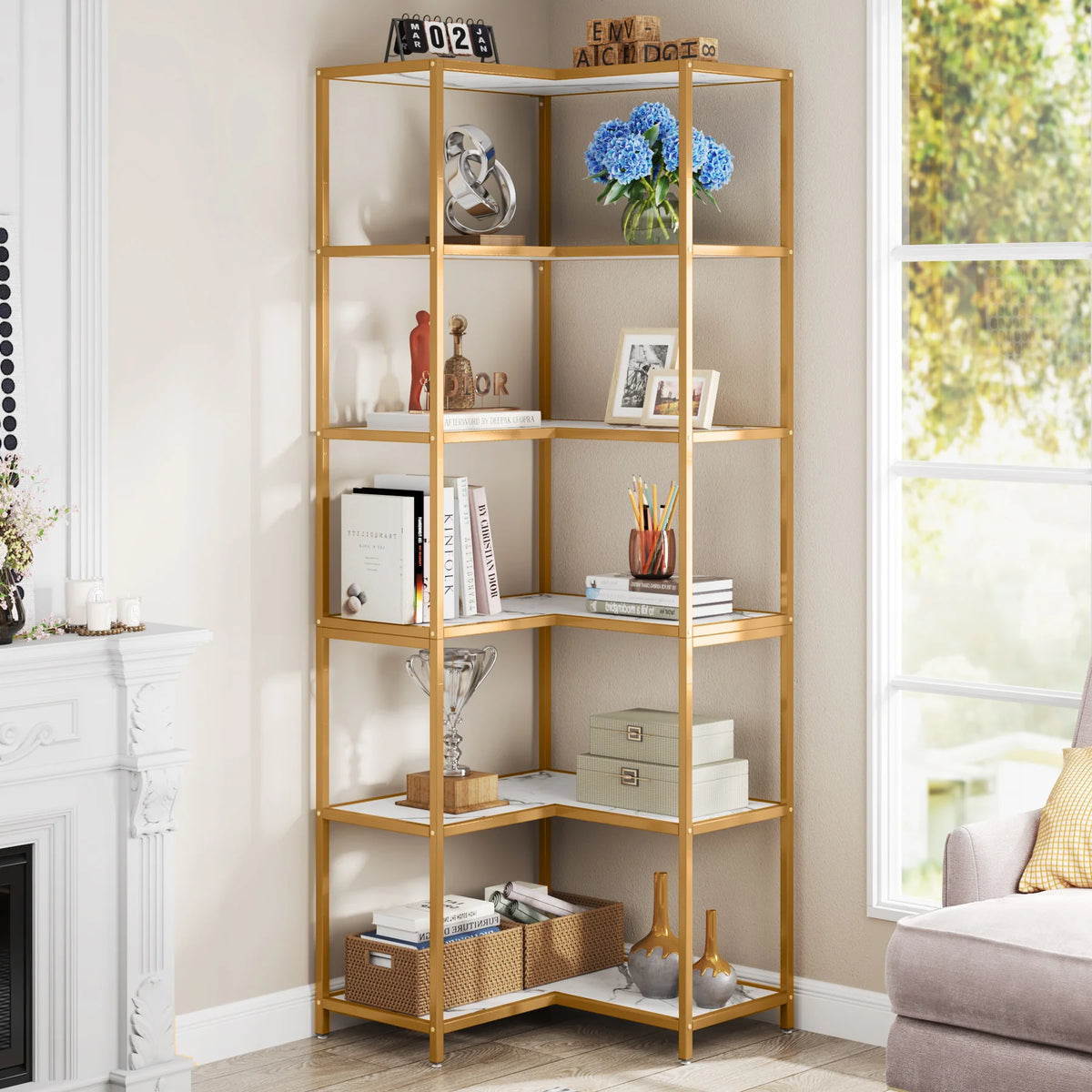 Powded 6-Shelf Corner Bookcase Organizer Rack