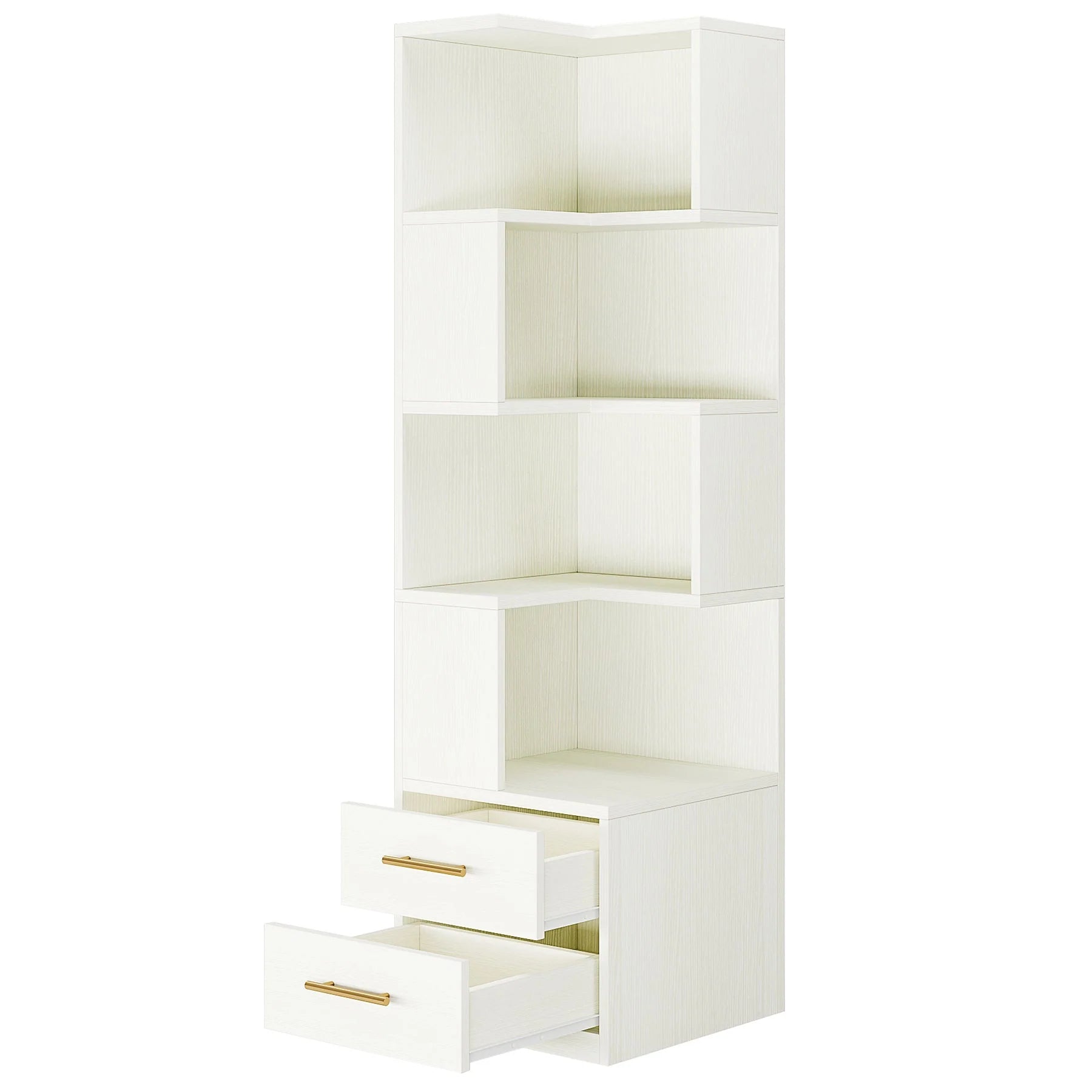 Minato L-Shaped Bookshelf, Corner Bookcase With 5-Tier Shelf And 2 Drawers