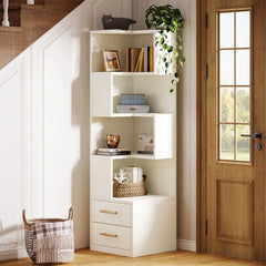 Minato L-Shaped Bookshelf, Corner Bookcase With 5-Tier Shelf And 2 Drawers