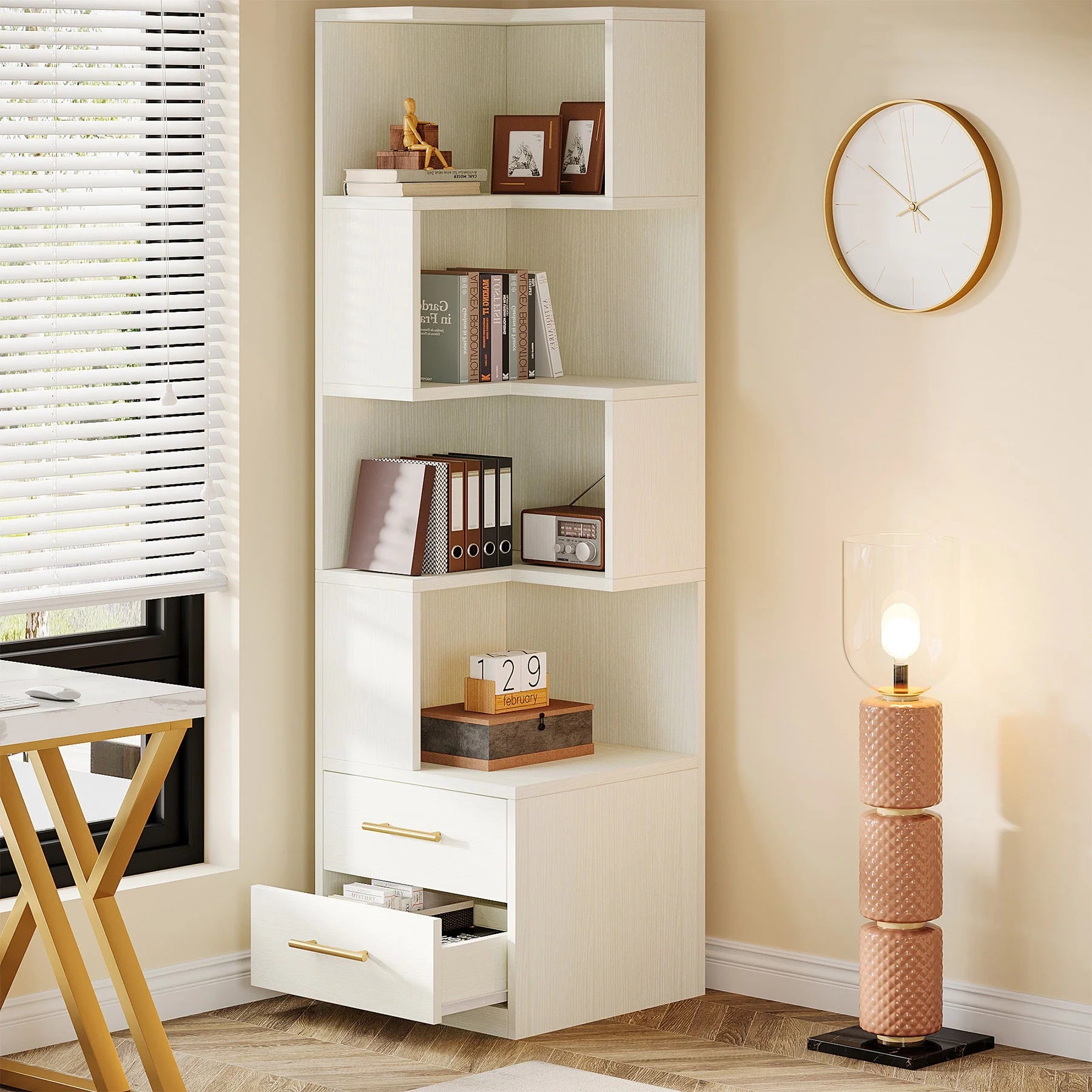 Minato L-Shaped Bookshelf, Corner Bookcase With 5-Tier Shelf And 2 Drawers