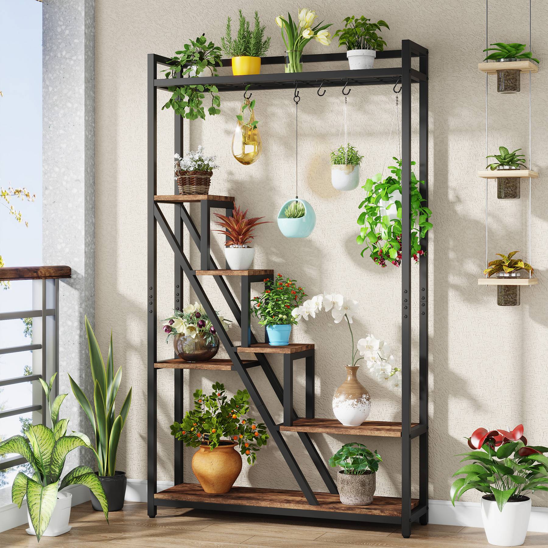 Verosan 7-Tier Plant Stand Tall Flower Plant Shelf with 5 S-Hooks