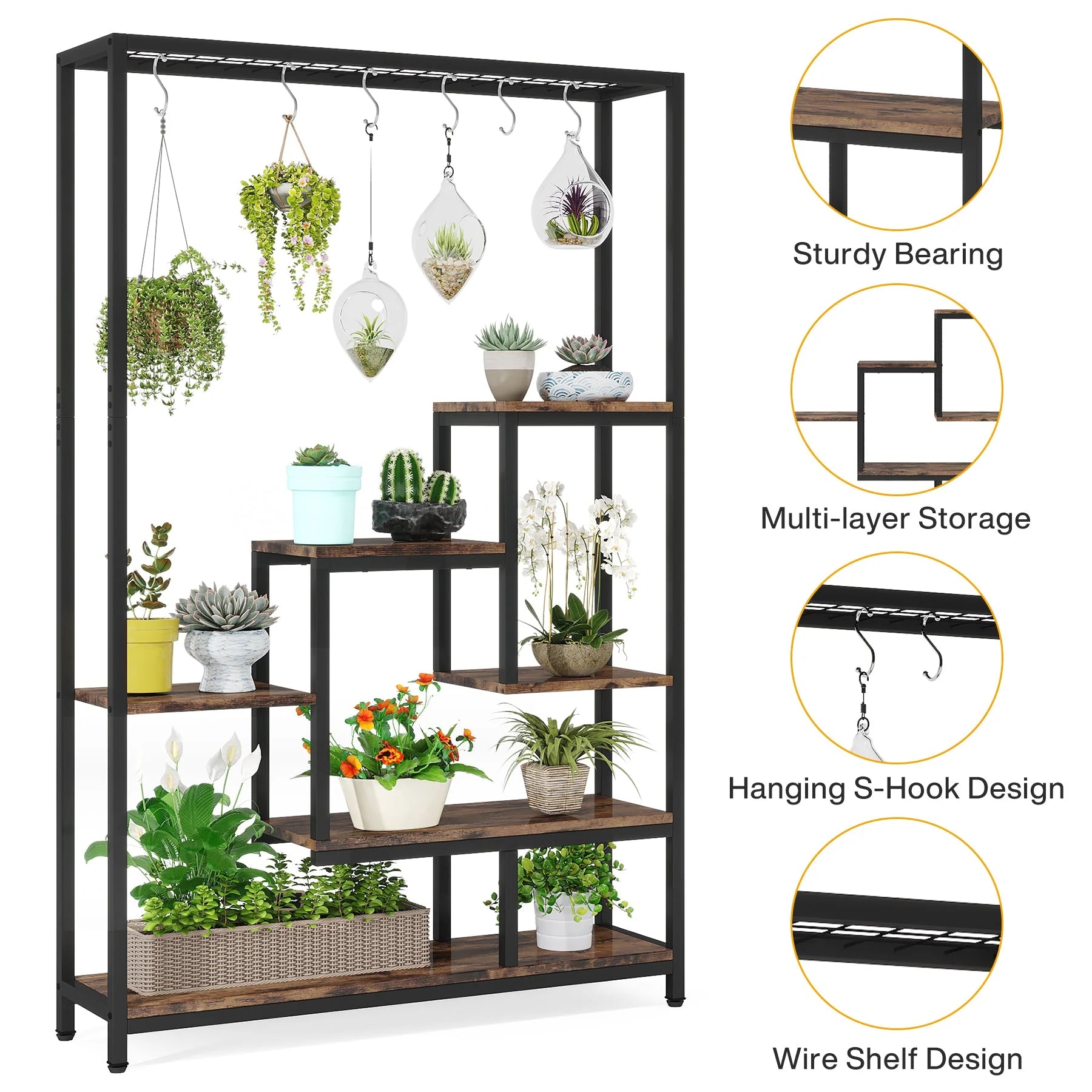 Toluta Bonsai Shelf with 6 S Hanging Hooks Bookcase Planter Rack Decor