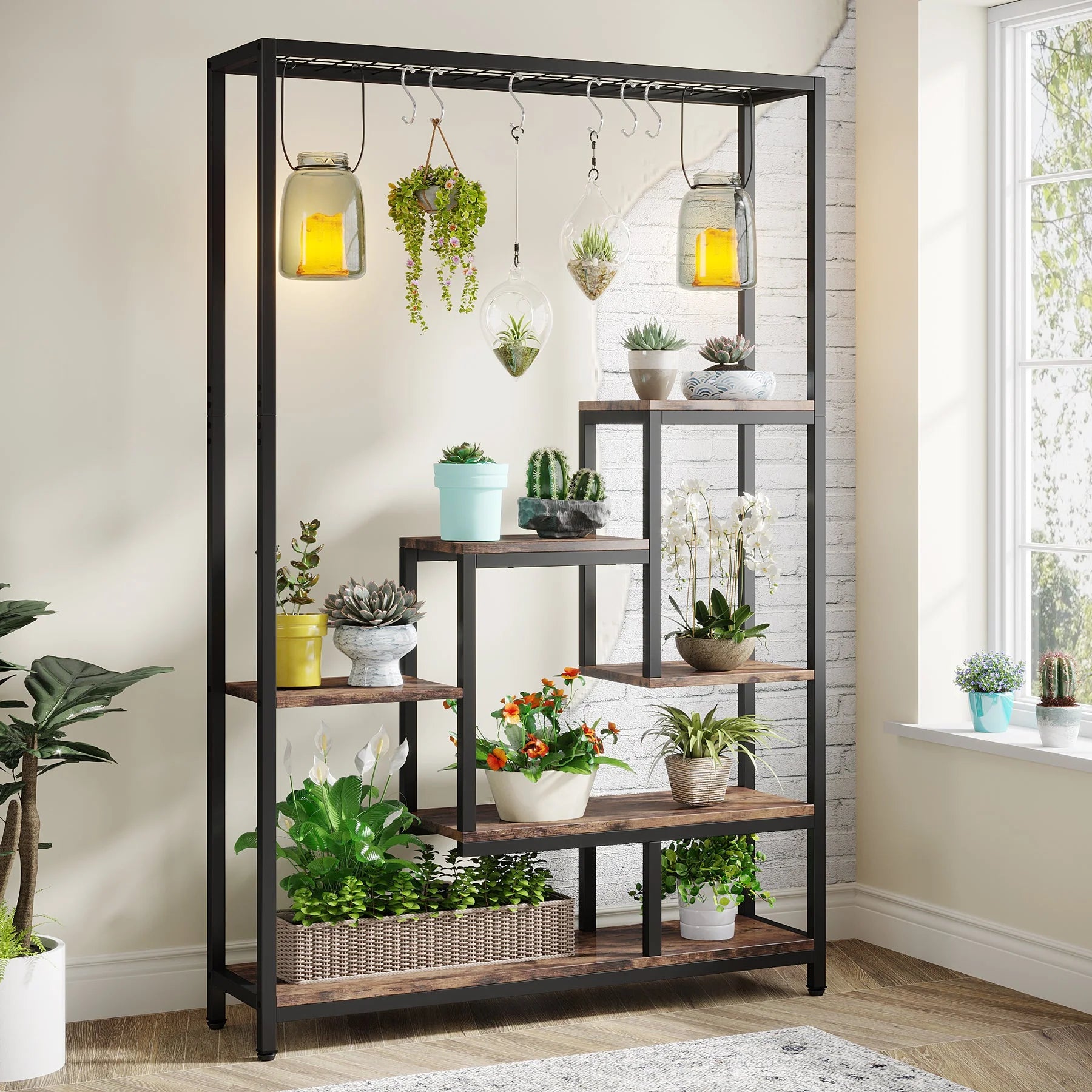 Toluta Bonsai Shelf with 6 S Hanging Hooks Bookcase Planter Rack Decor