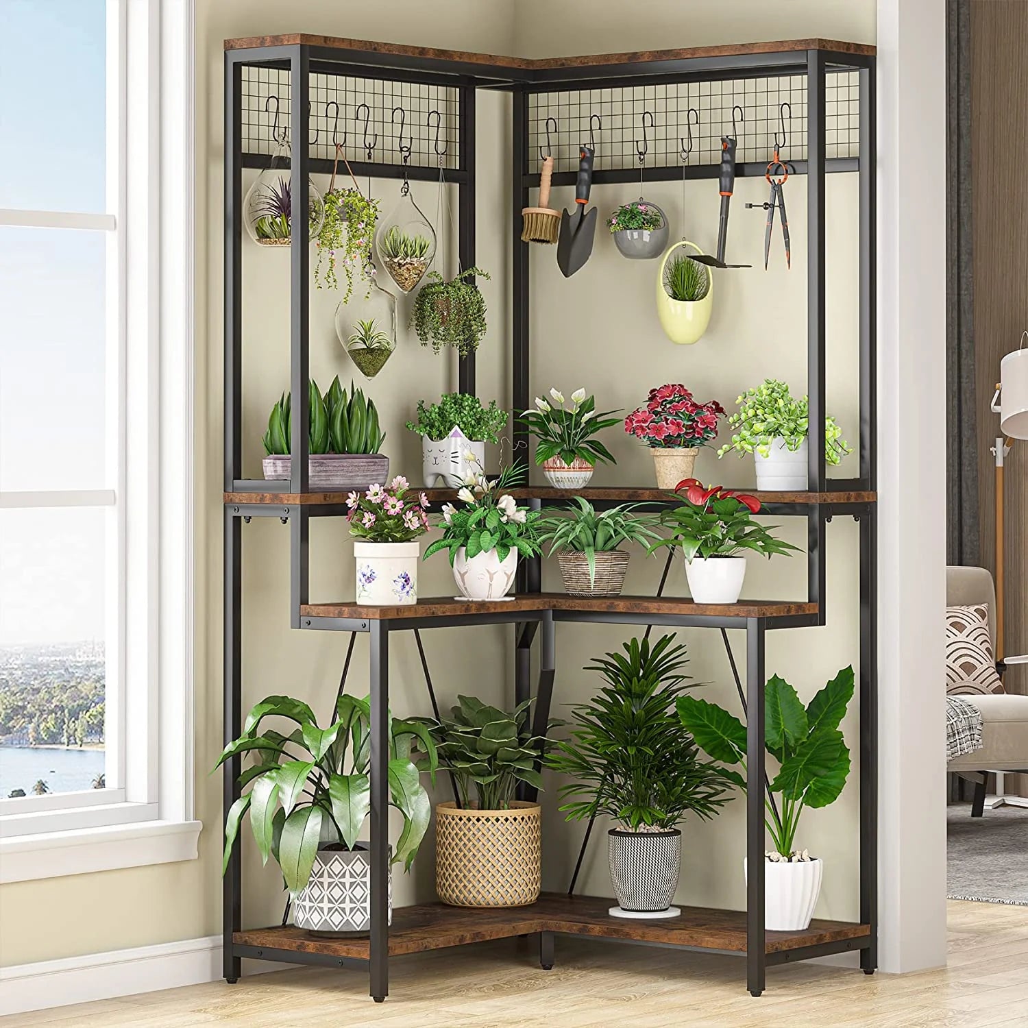 Sillison Tall Flower Shelf with 15 Hanging Hooks Planter Rack