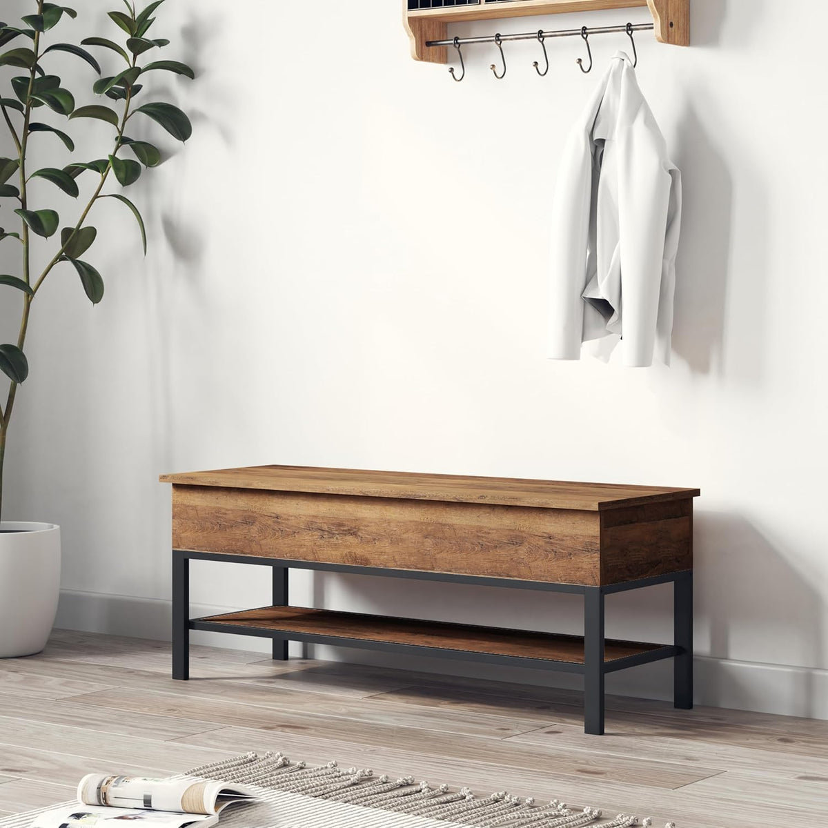 Marella Farmhouse Bench with Underseat and Lower Shelf Storage