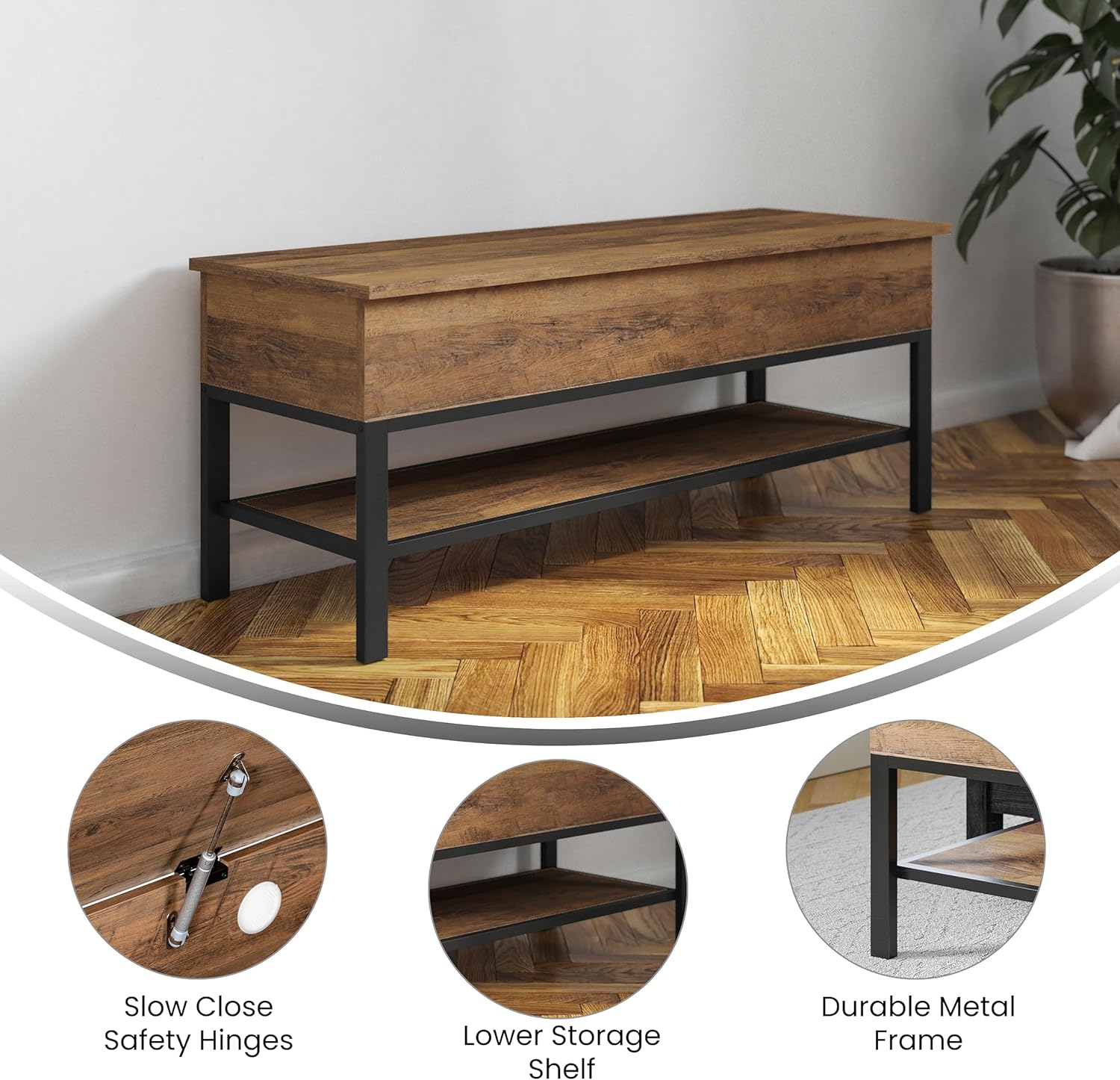 Marella Farmhouse Bench with Underseat and Lower Shelf Storage