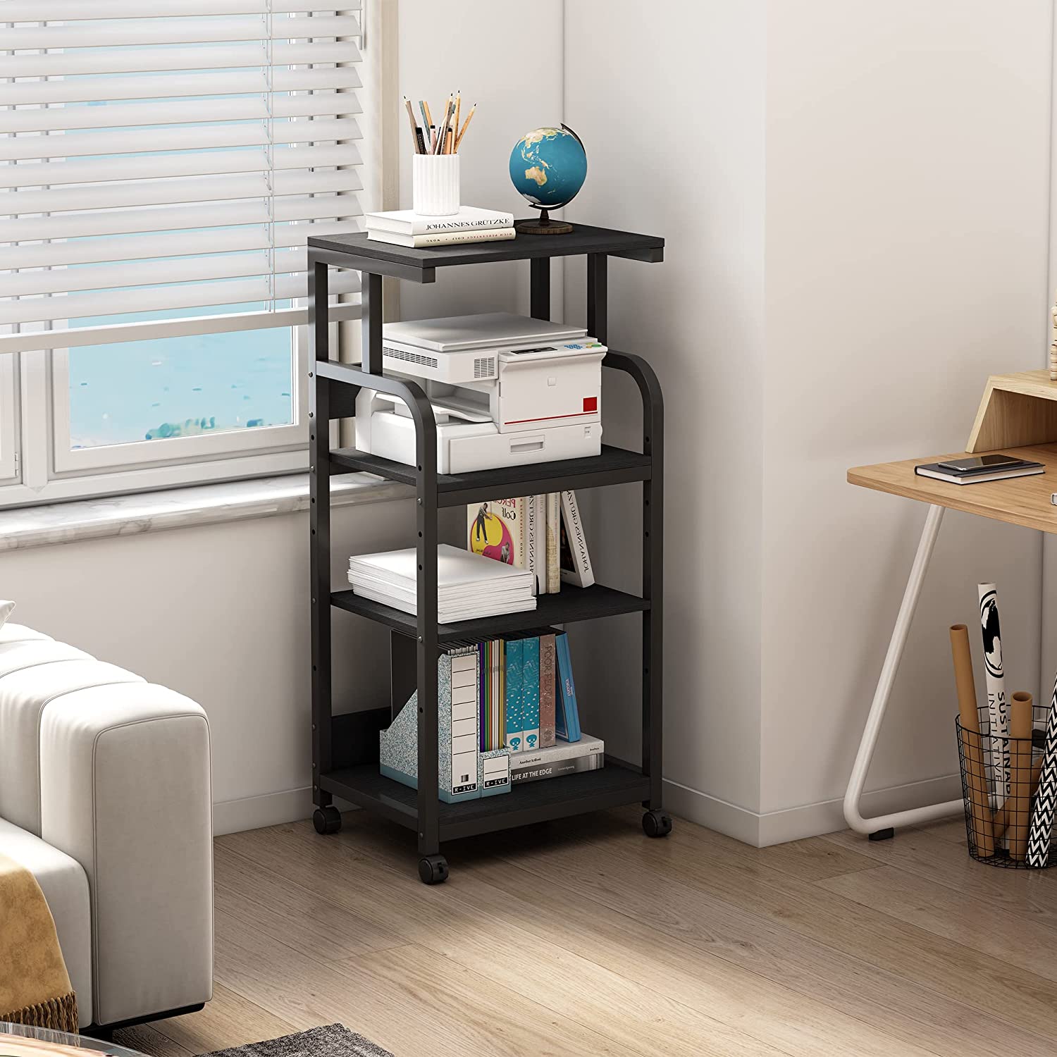 Printer Stand with Adjustable Storage Shelf, Large Tall Printer Table with Wheels - waseeh.com