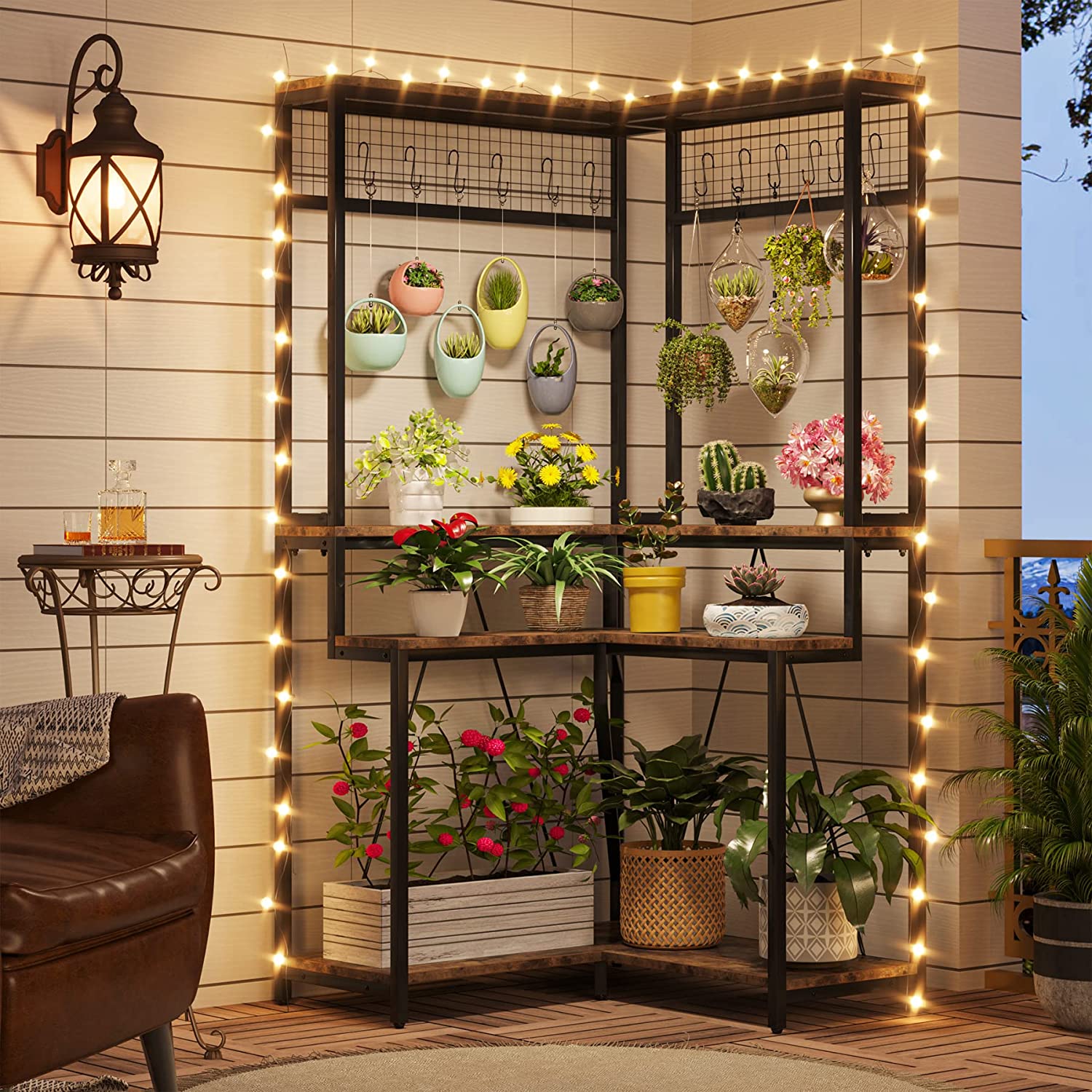 Sillison Tall Flower Shelf with 15 Hanging Hooks Planter Rack