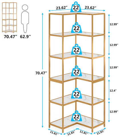 Powded 6-Shelf Corner Bookcase Organizer Rack