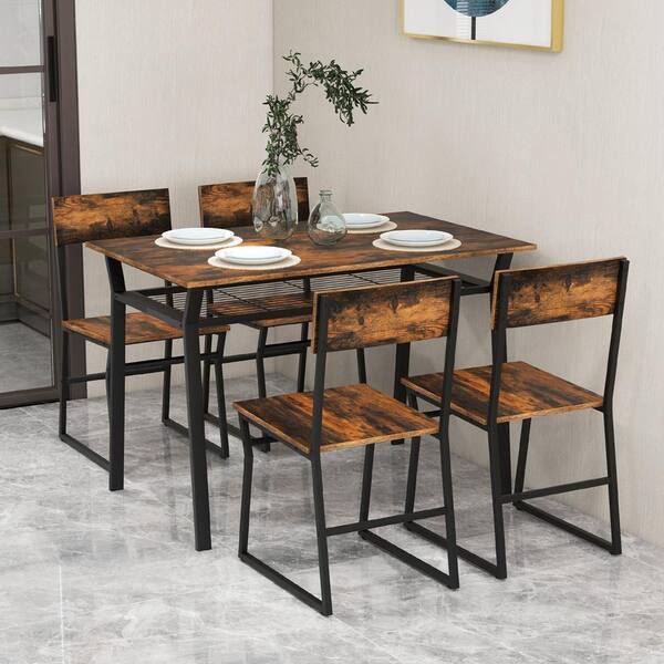 Pikkizi Industrial Rectangular Kitchen Dining Room Chairs Table (Set of 5)