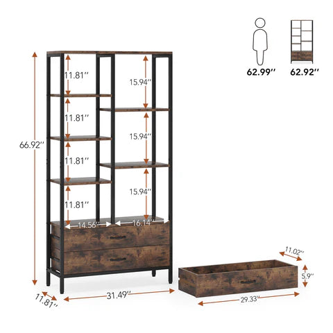 Okara Living Lounge Bookshelf with 2 Drawers & Shelves Bookcase Organizer Rack