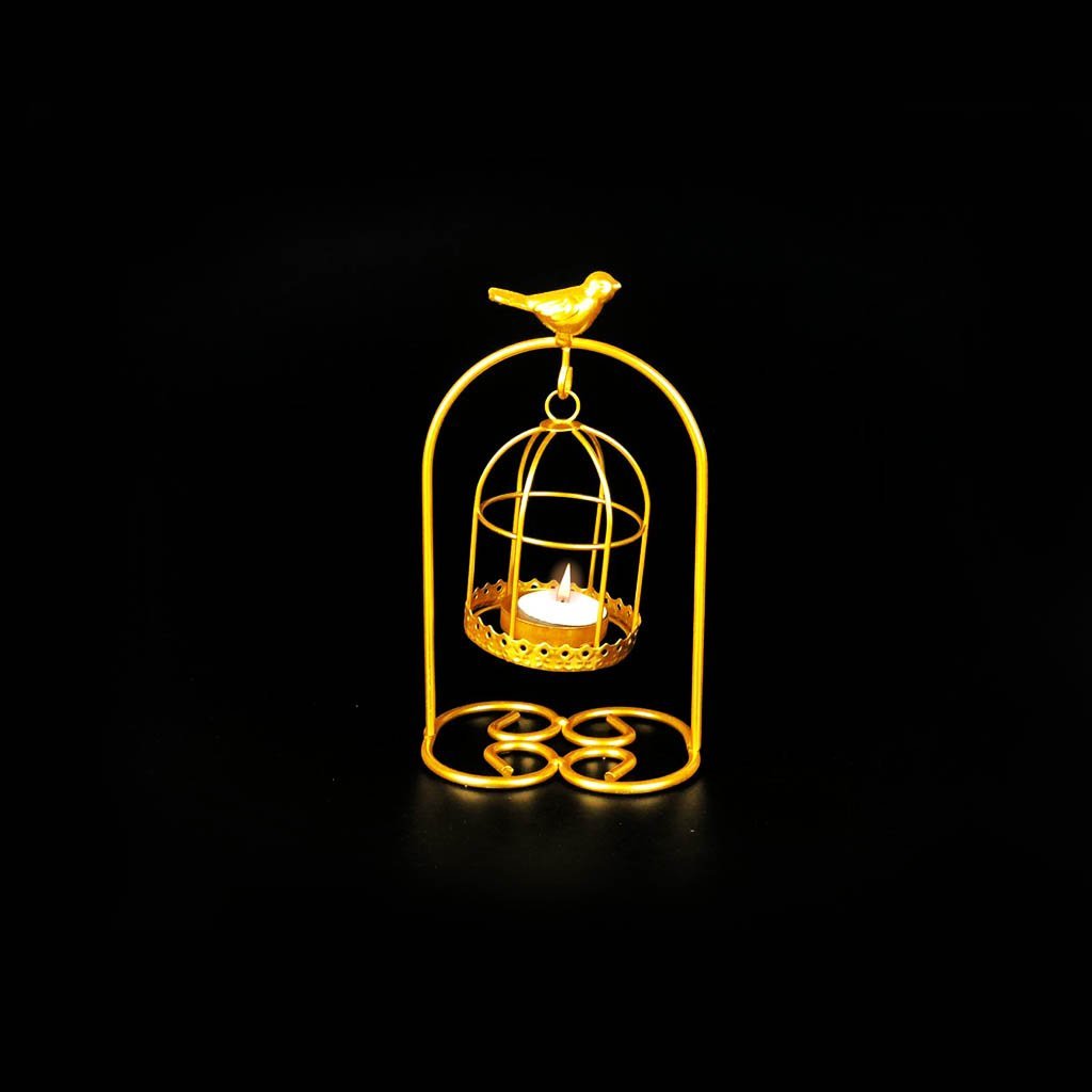 Bird Full Cage Metal Golden Candle Stand with Glass Pot - waseeh.com