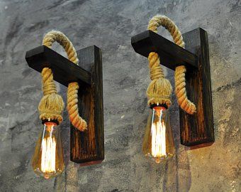 Wood wall lamp with handmade rope - Rustic, industrial, modern  lighting for bedroom, living room, entryway - Original design wooden sconce  - Unique Edison light fixture - Perfect housewarming gift : Handmade  Products
