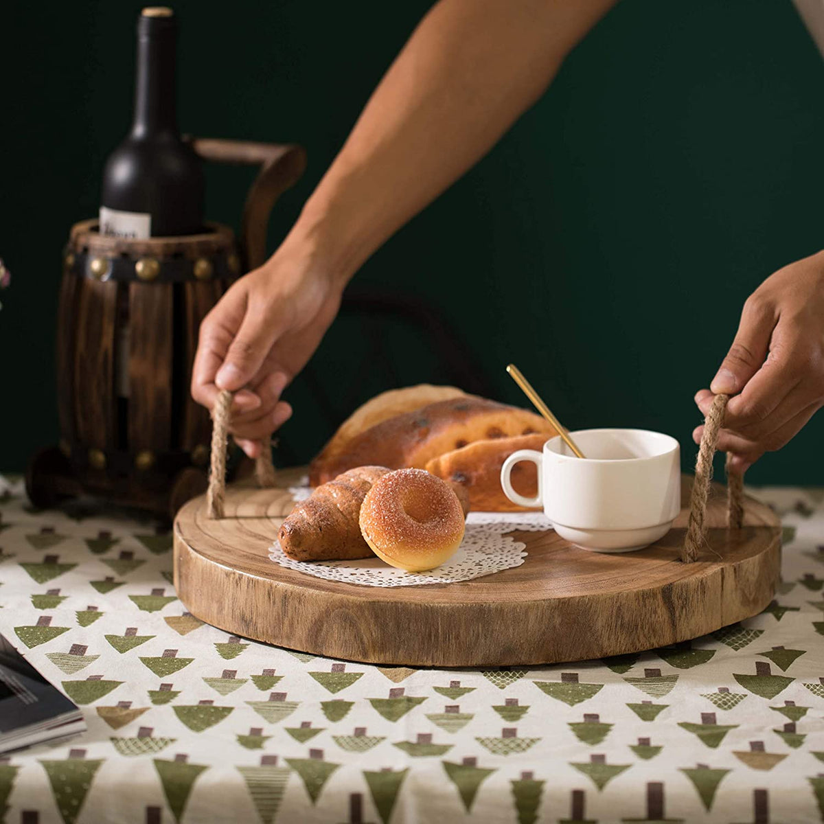 Wooden Log Serving Platter Tray with Rope Handles - waseeh.com