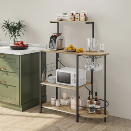 NAIYUFA Kitchen Bakers Rack with Baskets,5-Tier Utility Storage Wood Shelf  with Hooks, Microwave Oven Stand Rack,Vintage Grey